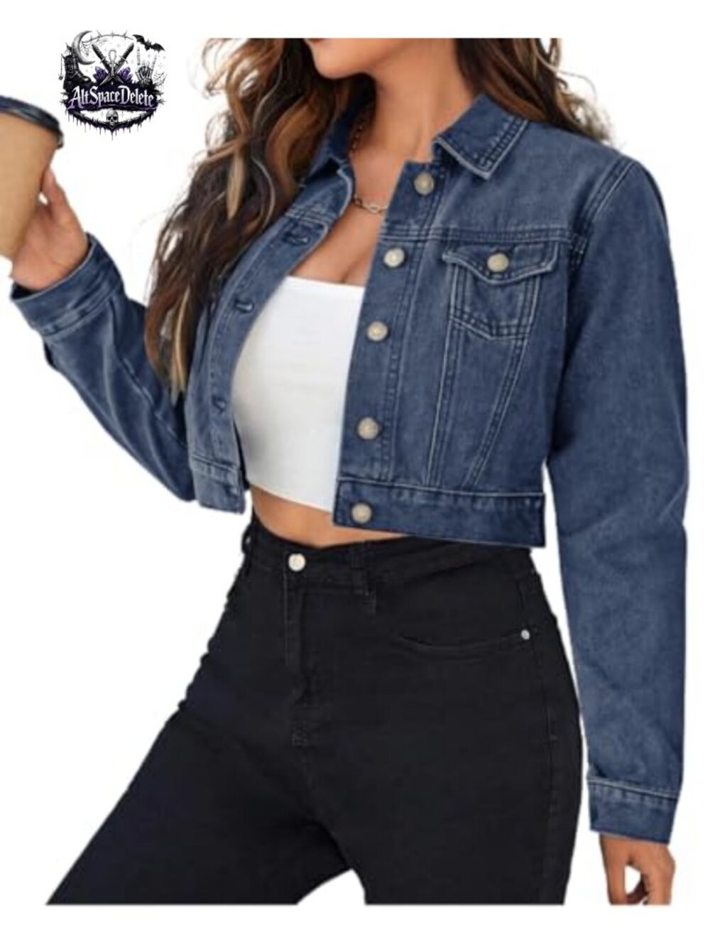 Cotton Button Down Long Sleeve Cropped Denim Jacket with Pockets